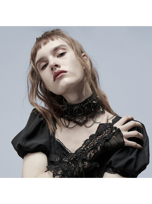 Lolita Leather Rebel Metal Rivet Trim Chain Lace Collar