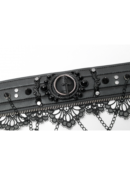 Lolita Leather Rebel Metal Rivet Trim Chain Lace Collar