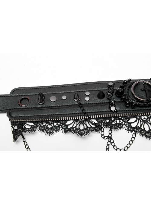 Lolita Leather Rebel Metal Rivet Trim Chain Lace Collar