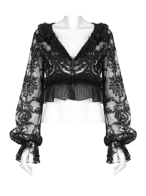 Lolita Perspective Chiffon Pleated Ruffled Mesh With Openwork Embroidery Long Sleeve Shirt