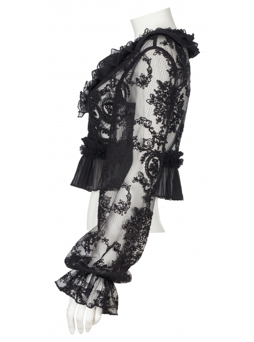 Lolita Perspective Chiffon Pleated Ruffled Mesh With Openwork Embroidery Long Sleeve Shirt