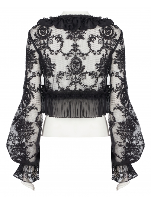 Lolita Perspective Chiffon Pleated Ruffled Mesh With Openwork Embroidery Long Sleeve Shirt