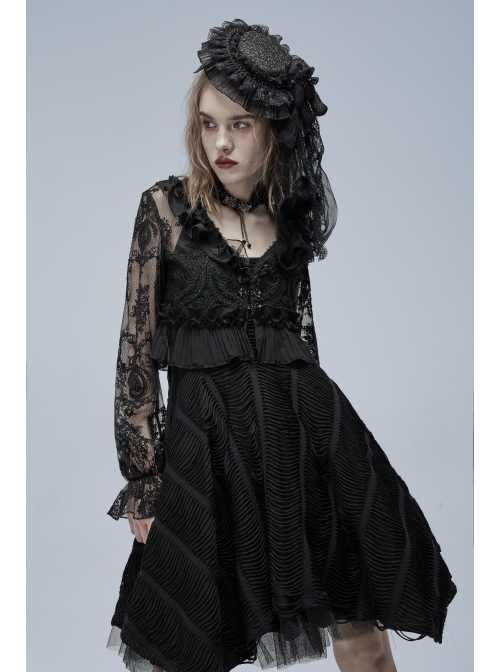 Lolita Perspective Chiffon Pleated Ruffled Mesh With Openwork Embroidery Long Sleeve Shirt
