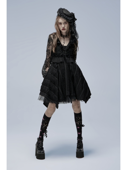 Lolita Perspective Chiffon Pleated Ruffled Mesh With Openwork Embroidery Long Sleeve Shirt
