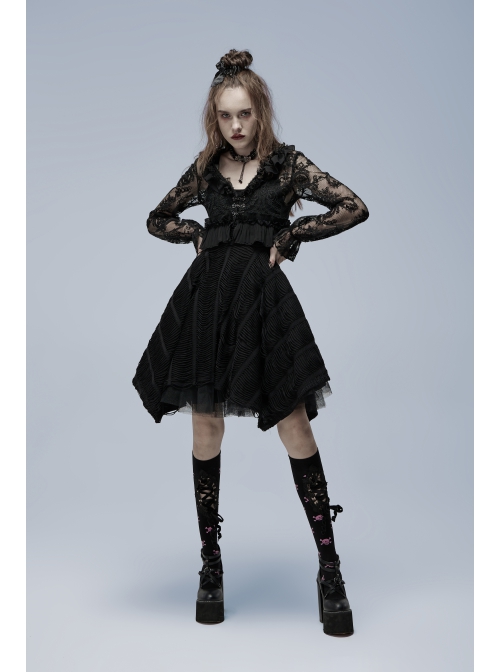 Lolita Perspective Chiffon Pleated Ruffled Mesh With Openwork Embroidery Long Sleeve Shirt