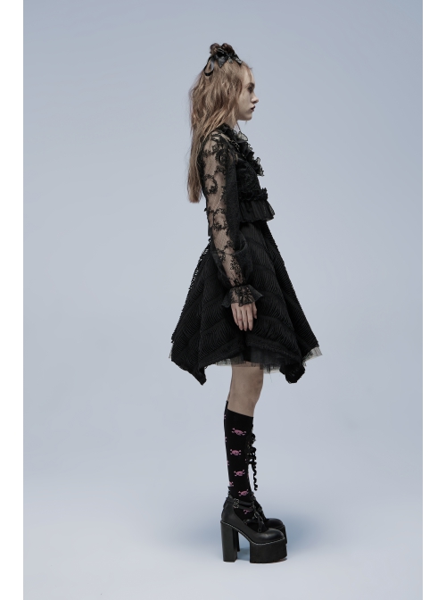 Lolita Perspective Chiffon Pleated Ruffled Mesh With Openwork Embroidery Long Sleeve Shirt