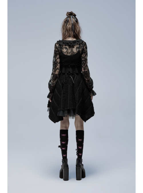 Lolita Perspective Chiffon Pleated Ruffled Mesh With Openwork Embroidery Long Sleeve Shirt