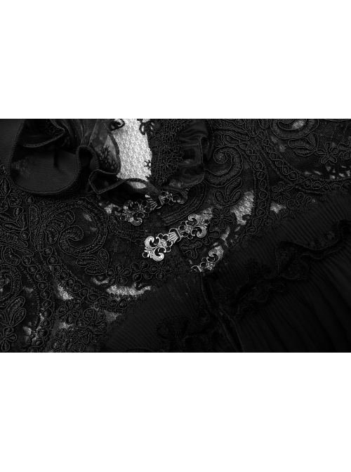 Lolita Perspective Chiffon Pleated Ruffled Mesh With Openwork Embroidery Long Sleeve Shirt