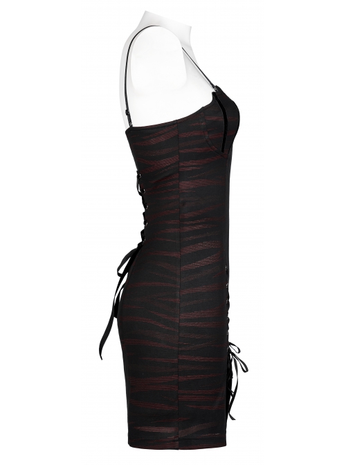 Gothic Stretch Knit Stripes Daily Slit Skirt Design Cross Strap Decoration Bat Slip Dress