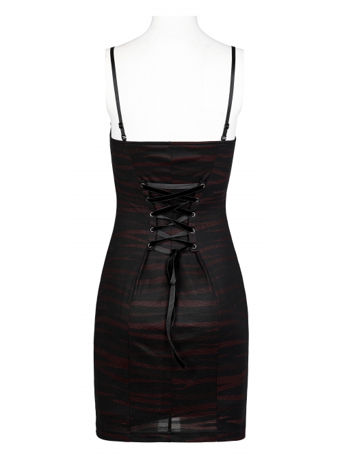 Gothic Stretch Knit Stripes Daily Slit Skirt Design Cross Strap Decoration Bat Slip Dress