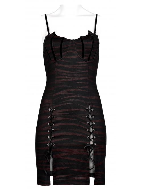 Gothic Stretch Knit Stripes Daily Slit Skirt Design Cross Strap Decoration Bat Slip Dress