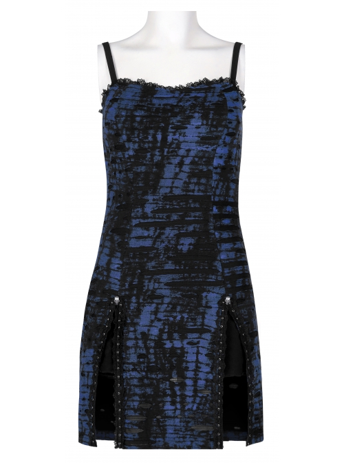 Gothic Abstract Ribbed Knit Print Design Slit Metal Ghost Head Decoration Slip Dress