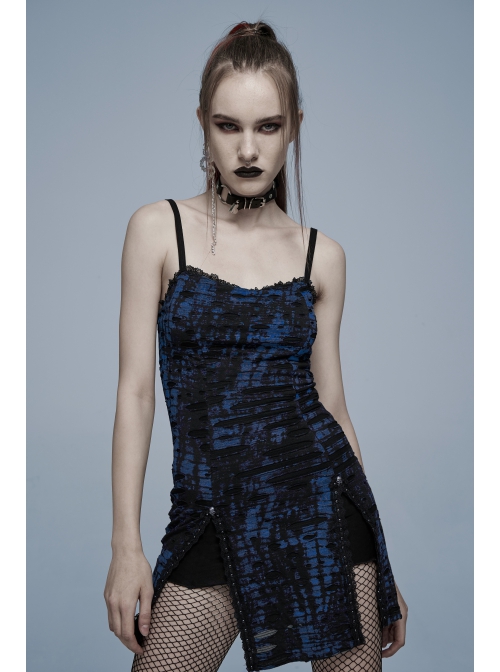 Gothic Abstract Ribbed Knit Print Design Slit Metal Ghost Head Decoration Slip Dress