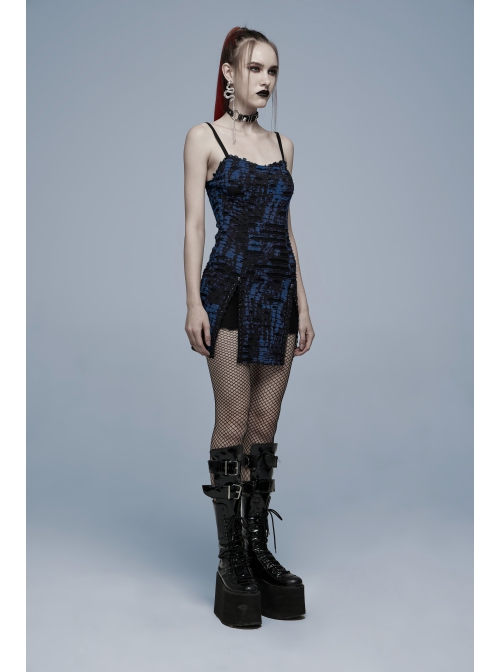 Gothic Abstract Ribbed Knit Print Design Slit Metal Ghost Head Decoration Slip Dress