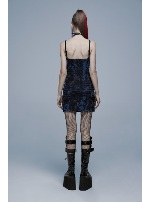 Gothic Abstract Ribbed Knit Print Design Slit Metal Ghost Head Decoration Slip Dress