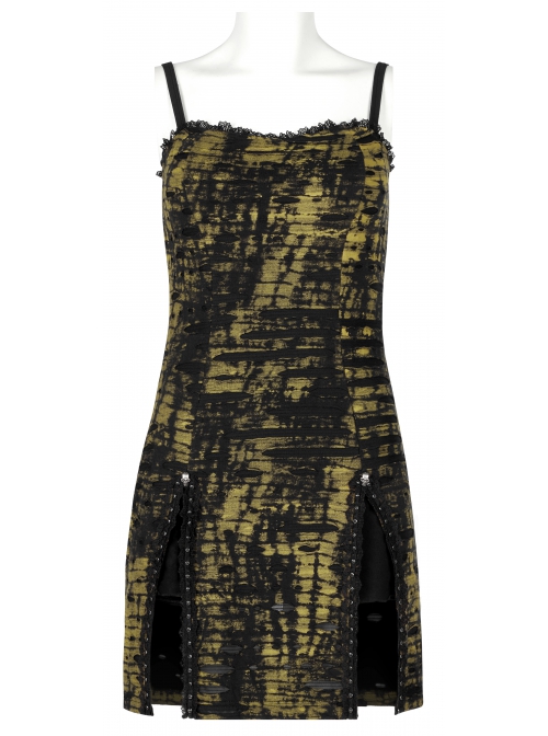Gothic Knitted Hole Design Slit Metal Ghost Head Decoration Abstract Print Slip Dress