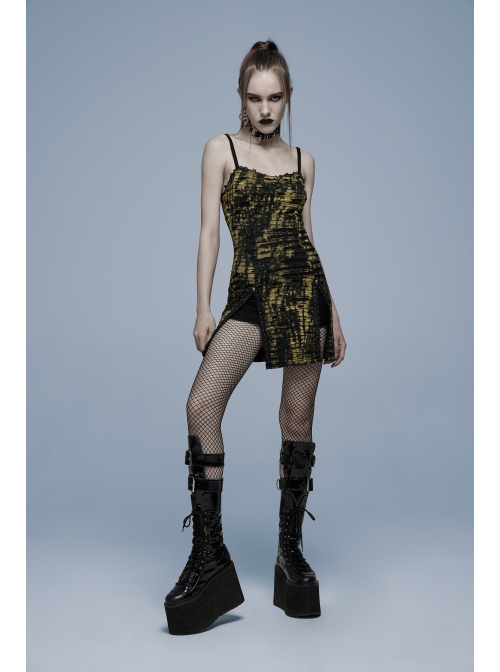 Gothic Knitted Hole Design Slit Metal Ghost Head Decoration Abstract Print Slip Dress