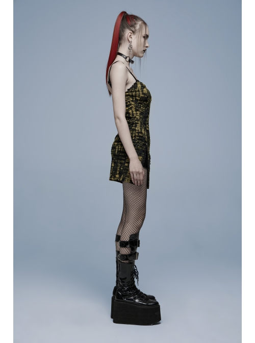 Gothic Knitted Hole Design Slit Metal Ghost Head Decoration Abstract Print Slip Dress