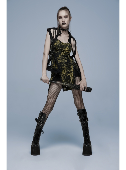 Gothic Knitted Hole Design Slit Metal Ghost Head Decoration Abstract Print Slip Dress