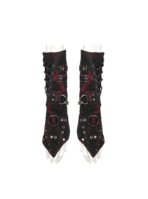 Punk Irregular-Print Knitted Grommets Cross Rope Black Rivets Long Gloves