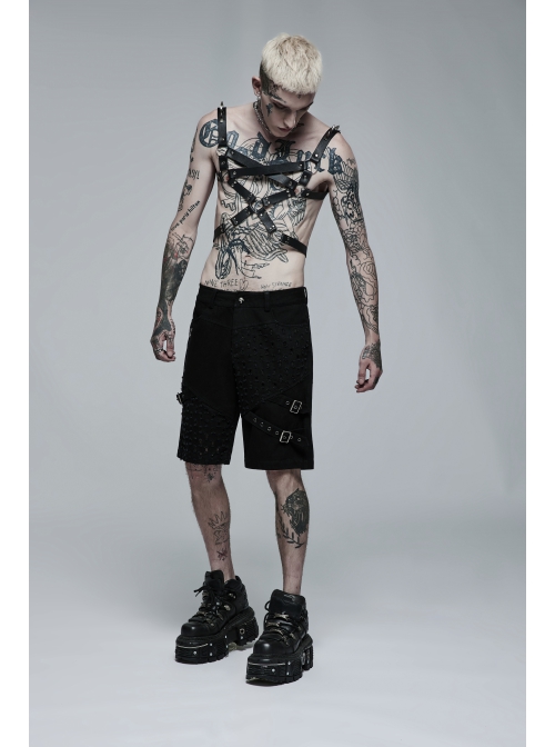 Male Punk Stylish Cross Shape Design Leather Splicing Ring Buckle Metal Trim On Shoulder Accessories