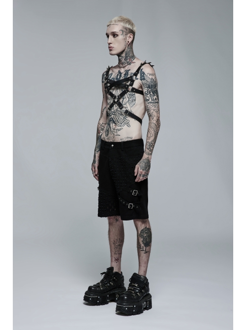 Male Punk Stylish Cross Shape Design Leather Splicing Ring Buckle Metal Trim On Shoulder Accessories