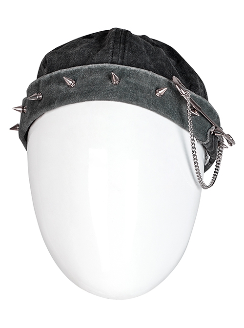 Punk Stylish Metal Spike Decoration Non-Stretch Woven Fabric Large Pin Metal Chain Male Hat