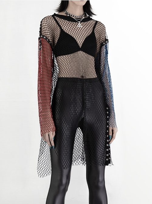 Punk Black Comfortable Daily Perspective Mesh Design No Elasticity Asymmetrical Personality Hem Long Shirt