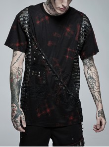 Loose-Knit Stretch-Mesh Abstract Tartan Print Metal Grommet Cross Rope Punk Male Shirt