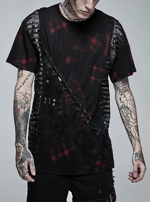 Loose-Knit Stretch-Mesh Abstract Tartan Print Metal Grommet Cross Rope Punk Male Shirt