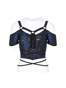 Gothic Sexy Hole Texture Elasticity Knitting Printing Personality Off Shoulder Strap Cross Straps At Waist Short Blue Black Female Shirt