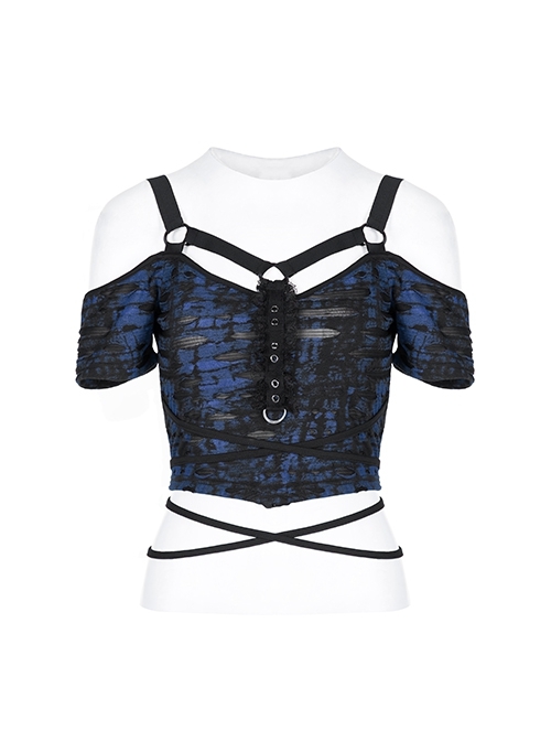 Gothic Sexy Hole Texture Elasticity Knitting Printing Personality Off Shoulder Strap Cross Straps At Waist Short Blue Black Female Shirt