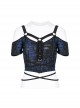 Gothic Sexy Hole Texture Elasticity Knitting Printing Personality Off Shoulder Strap Cross Straps At Waist Short Blue Black Female Shirt