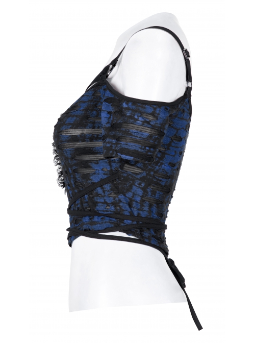 Gothic Sexy Hole Texture Elasticity Knitting Printing Personality Off Shoulder Strap Cross Straps At Waist Short Blue Black Female Shirt