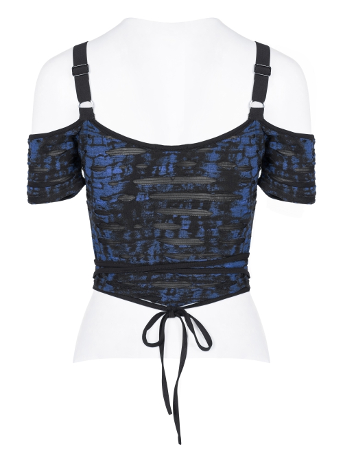 Gothic Sexy Hole Texture Elasticity Knitting Printing Personality Off Shoulder Strap Cross Straps At Waist Short Blue Black Female Shirt