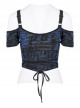 Gothic Sexy Hole Texture Elasticity Knitting Printing Personality Off Shoulder Strap Cross Straps At Waist Short Blue Black Female Shirt