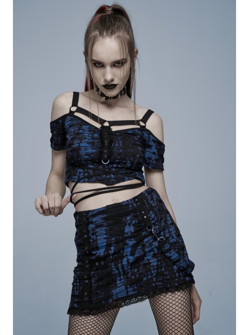 Gothic Sexy Hole Texture Elasticity Knitting Printing Personality Off Shoulder Strap Cross Straps At Waist Short Blue Black Female Shirt