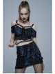 Gothic Sexy Hole Texture Elasticity Knitting Printing Personality Off Shoulder Strap Cross Straps At Waist Short Blue Black Female Shirt