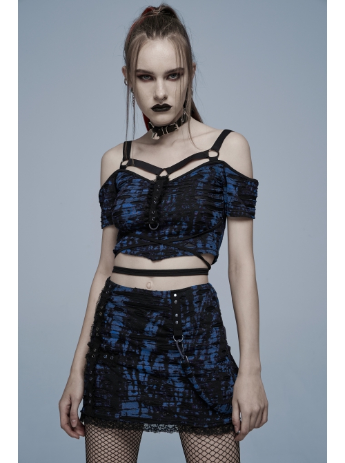 Gothic Sexy Hole Texture Elasticity Knitting Printing Personality Off Shoulder Strap Cross Straps At Waist Short Blue Black Female Shirt