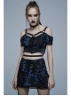Gothic Sexy Hole Texture Elasticity Knitting Printing Personality Off Shoulder Strap Cross Straps At Waist Short Blue Black Female Shirt