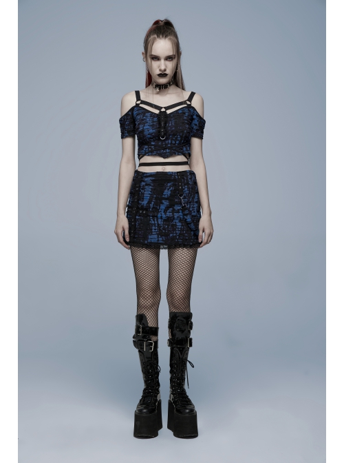 Gothic Sexy Hole Texture Elasticity Knitting Printing Personality Off Shoulder Strap Cross Straps At Waist Short Blue Black Female Shirt
