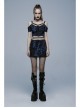 Gothic Sexy Hole Texture Elasticity Knitting Printing Personality Off Shoulder Strap Cross Straps At Waist Short Blue Black Female Shirt