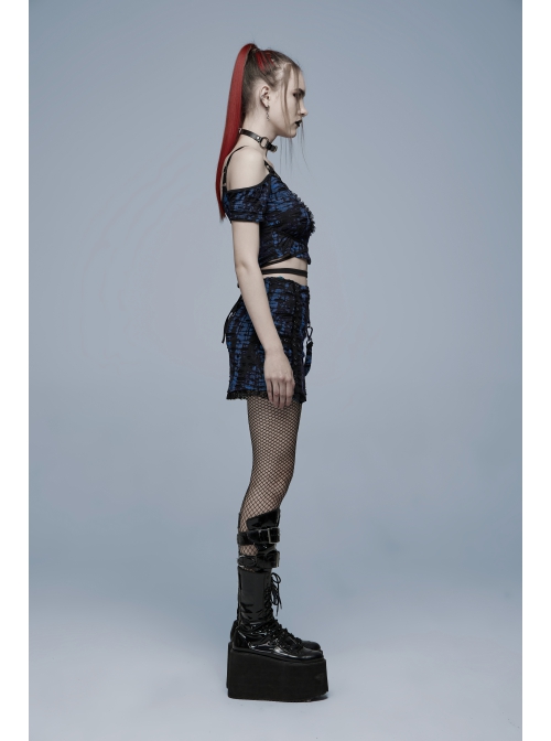 Gothic Sexy Hole Texture Elasticity Knitting Printing Personality Off Shoulder Strap Cross Straps At Waist Short Blue Black Female Shirt