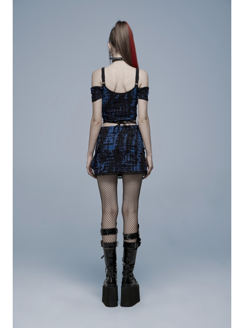Gothic Sexy Hole Texture Elasticity Knitting Printing Personality Off Shoulder Strap Cross Straps At Waist Short Blue Black Female Shirt
