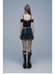 Gothic Sexy Hole Texture Elasticity Knitting Printing Personality Off Shoulder Strap Cross Straps At Waist Short Blue Black Female Shirt