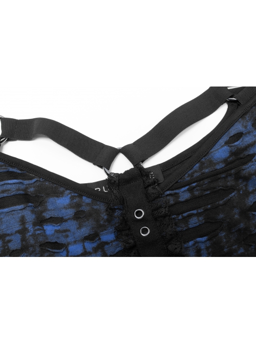 Gothic Sexy Hole Texture Elasticity Knitting Printing Personality Off Shoulder Strap Cross Straps At Waist Short Blue Black Female Shirt
