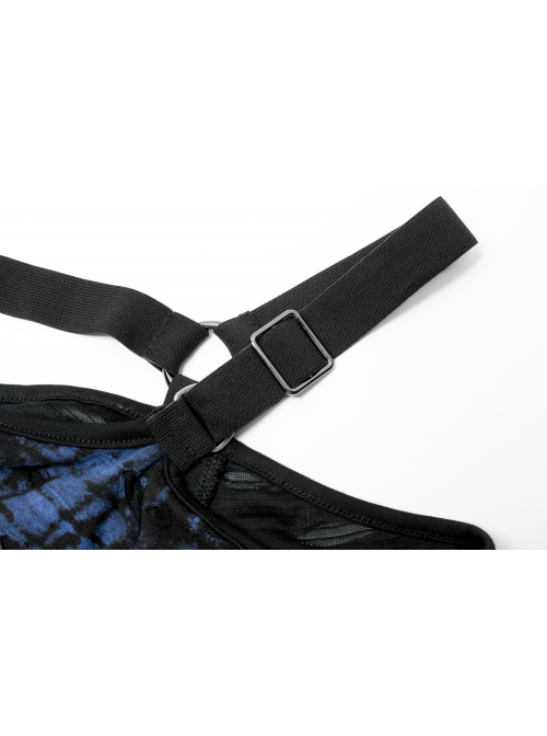 Gothic Sexy Hole Texture Elasticity Knitting Printing Personality Off Shoulder Strap Cross Straps At Waist Short Blue Black Female Shirt