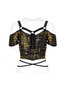 Black and Yellow Sexy Hole Texture Elasticity Knitting Printing Personality Off Shoulder Strap Cross Straps At Waist Short Gothic Female Shirt