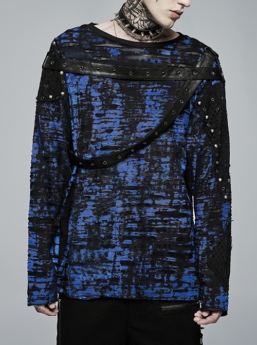 Blue Loose Irregular Print Leather Wrap Around Metal Decoration Knit Punk Long-Sleeve T-Shirt Male