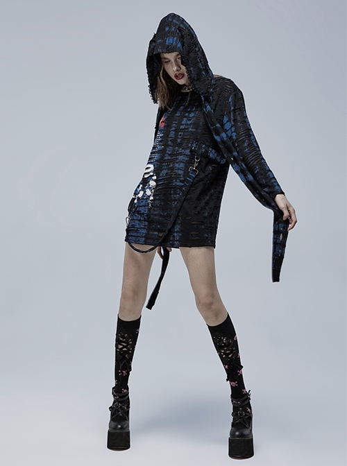 Blue-Black Ragged Texture Fabric Skeleton Printing Detachable Decorative Tape Loose Gothic Long Sleeve Female Shirt